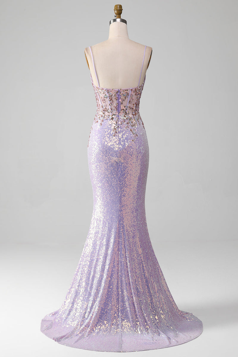 Load image into Gallery viewer, Lilac Sparkly Spaghetti Straps Mermaid Prom Dress with Slit