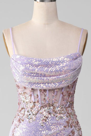 Lilac Sparkly Spaghetti Straps Mermaid Prom Dress with Slit