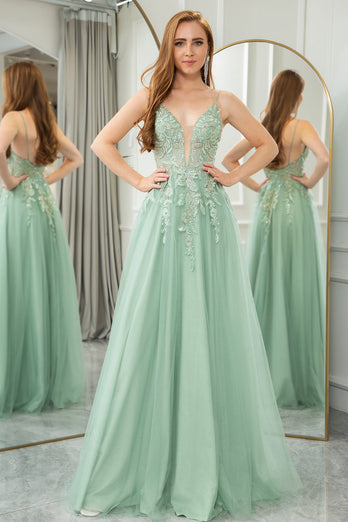 Green A Line Tulle Backless Long Prom Dress With Appliques