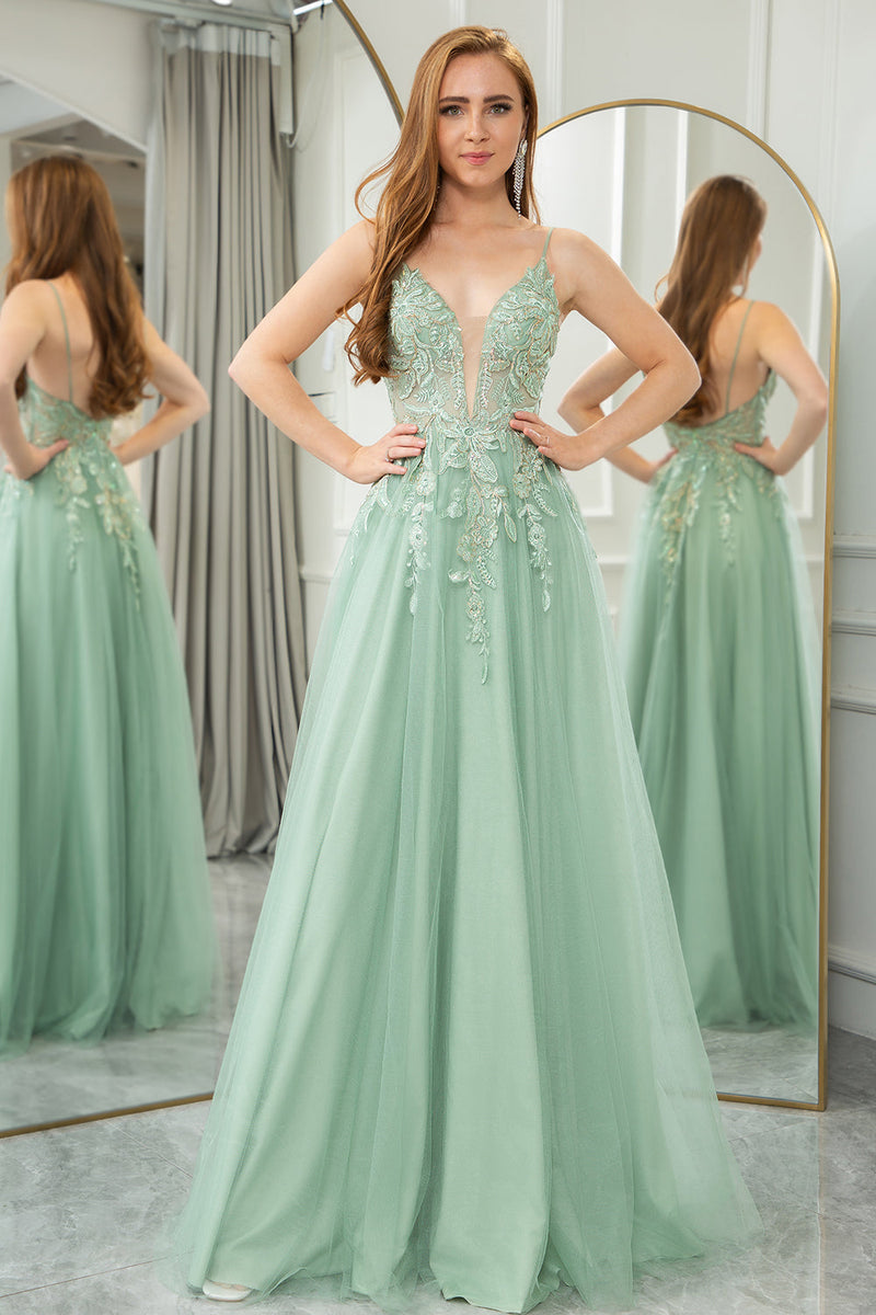 Load image into Gallery viewer, Green A Line Tulle Backless Long Prom Dress With Appliques