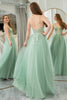 Load image into Gallery viewer, Green A Line Tulle Backless Long Prom Dress With Appliques