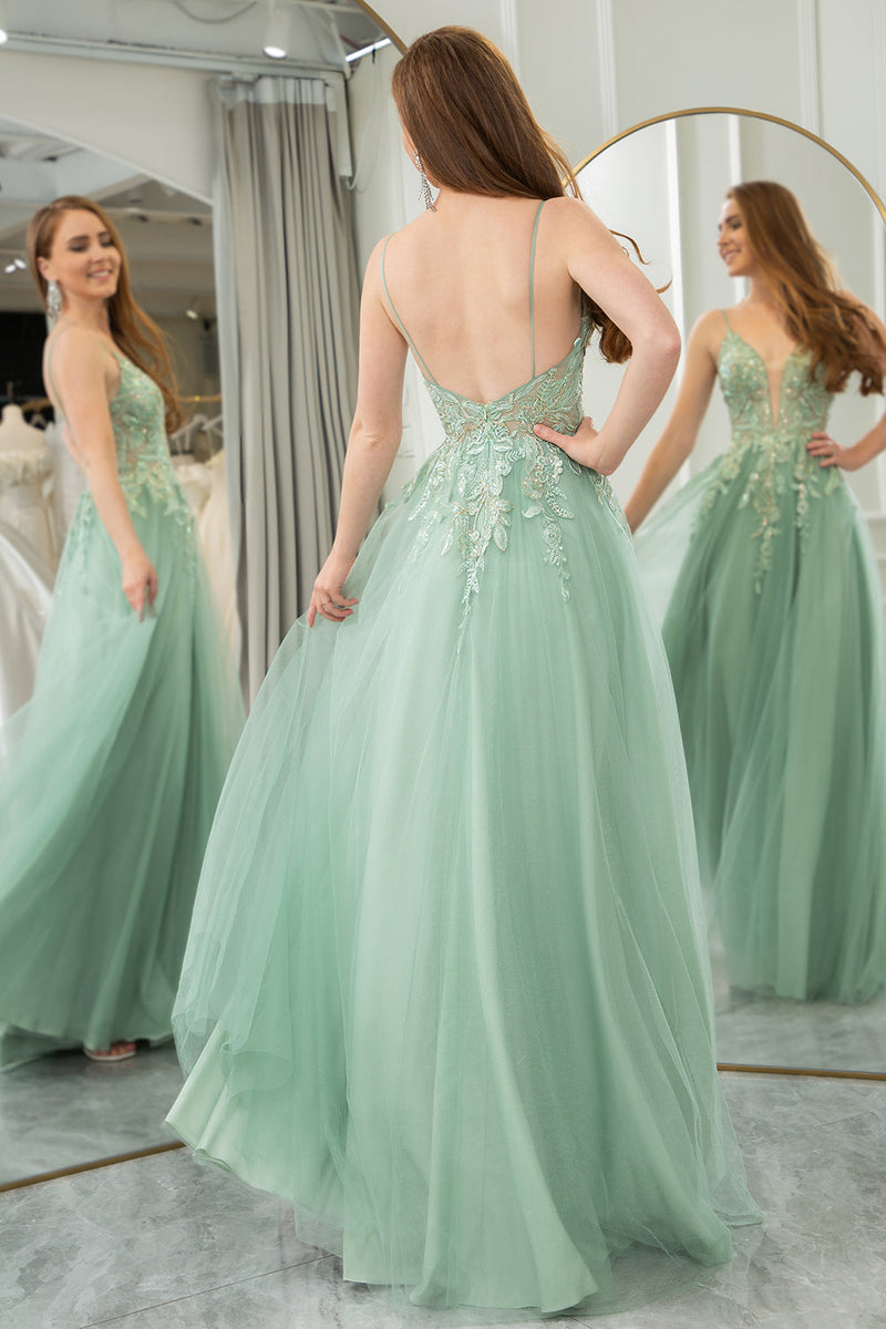 Load image into Gallery viewer, Green A Line Tulle Backless Long Prom Dress With Appliques