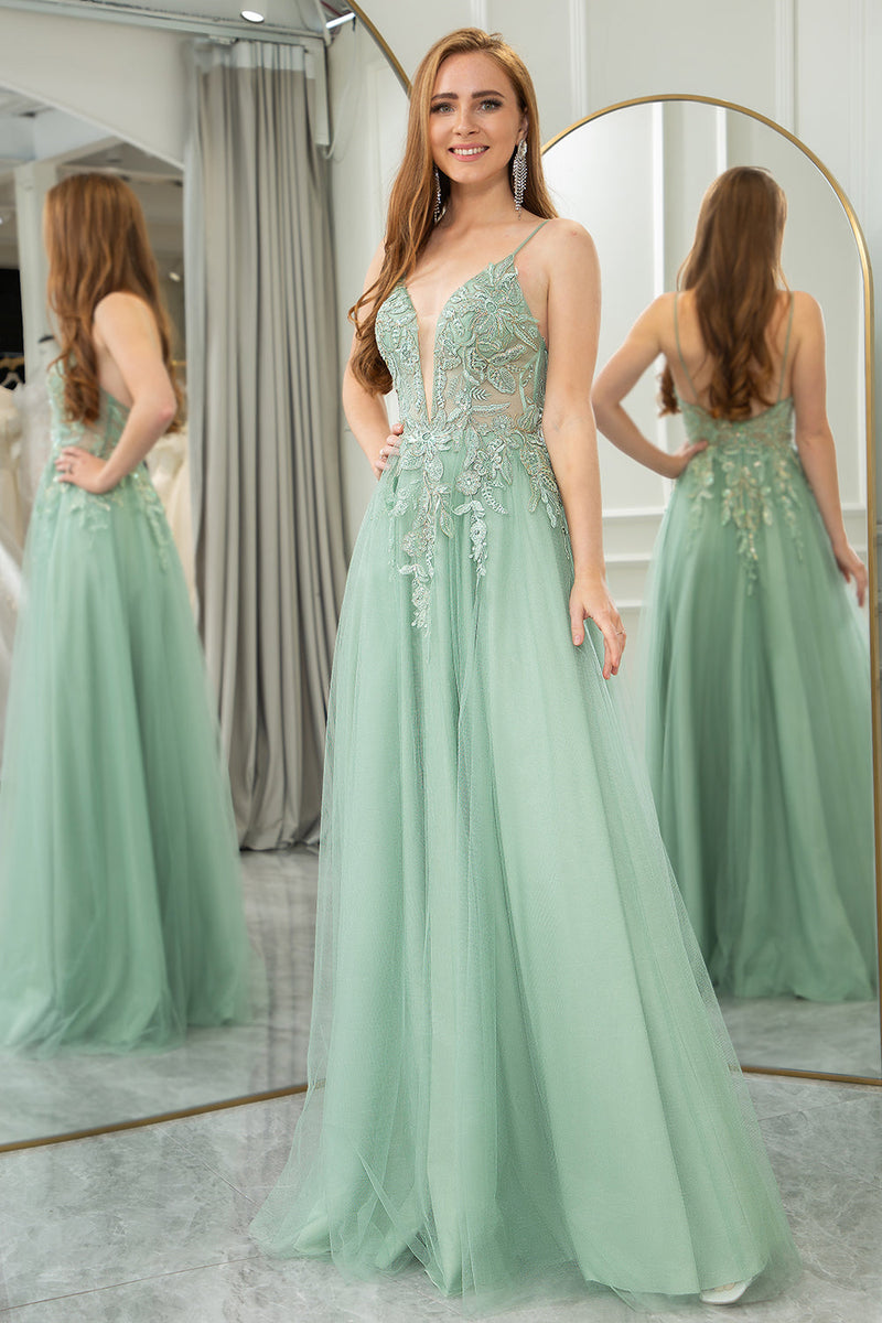 Load image into Gallery viewer, Green A Line Tulle Backless Long Prom Dress With Appliques