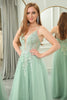 Load image into Gallery viewer, Green A Line Tulle Backless Long Prom Dress With Appliques