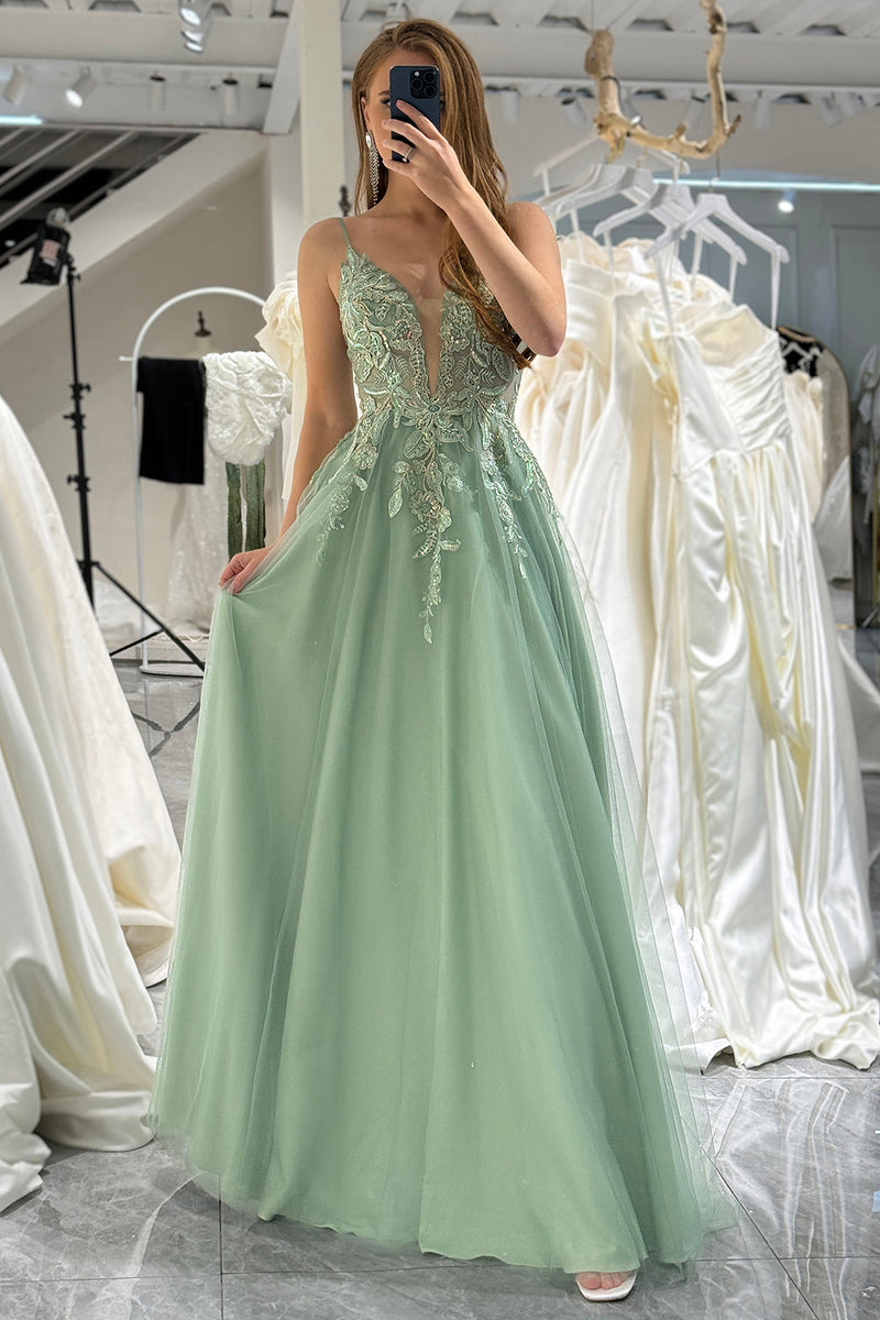 Load image into Gallery viewer, Green A Line Tulle Backless Long Prom Dress With Appliques