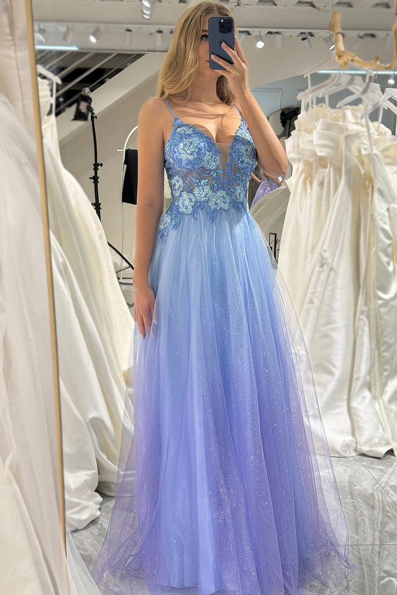 Load image into Gallery viewer, Glitter A Line Tulle Long Prom Dress With Appliques