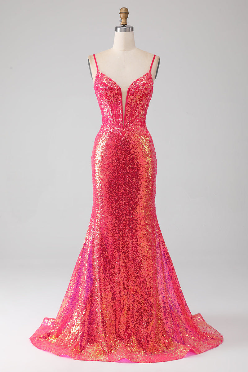 Load image into Gallery viewer, Sparkly Mermaid Fuchsia Prom Dress with Sequins