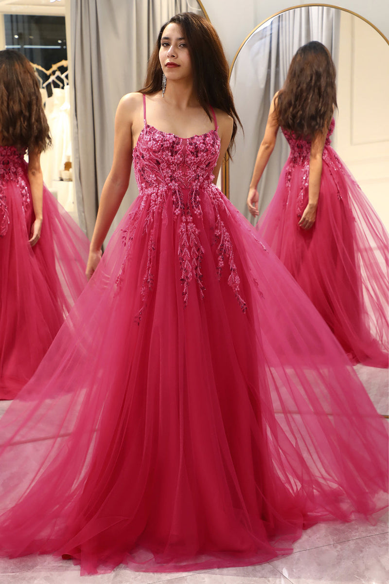 Load image into Gallery viewer, Fuchsia A Line Long Prom Dress With Appliques