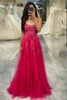 Load image into Gallery viewer, A Line Fuchsia Tulle Long Appliqued Prom Dress