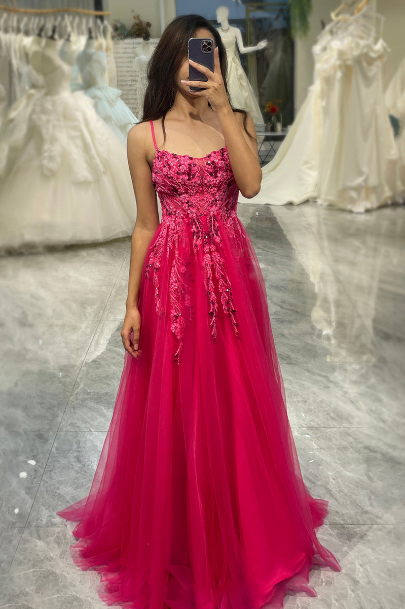 Load image into Gallery viewer, A Line Fuchsia Tulle Long Appliqued Prom Dress