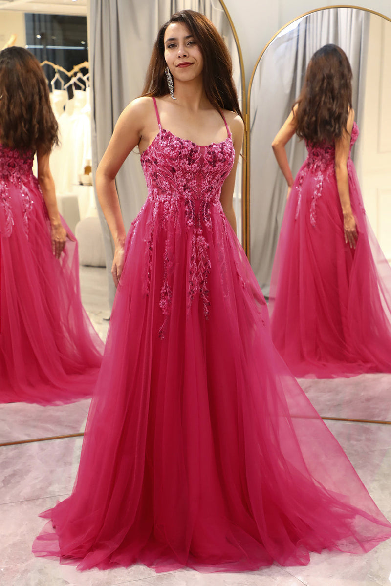 Load image into Gallery viewer, Fuchsia A Line Long Prom Dress With Appliques