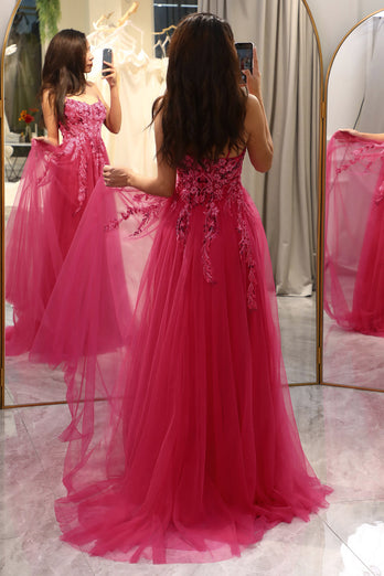 Fuchsia A Line Long Prom Dress With Appliques