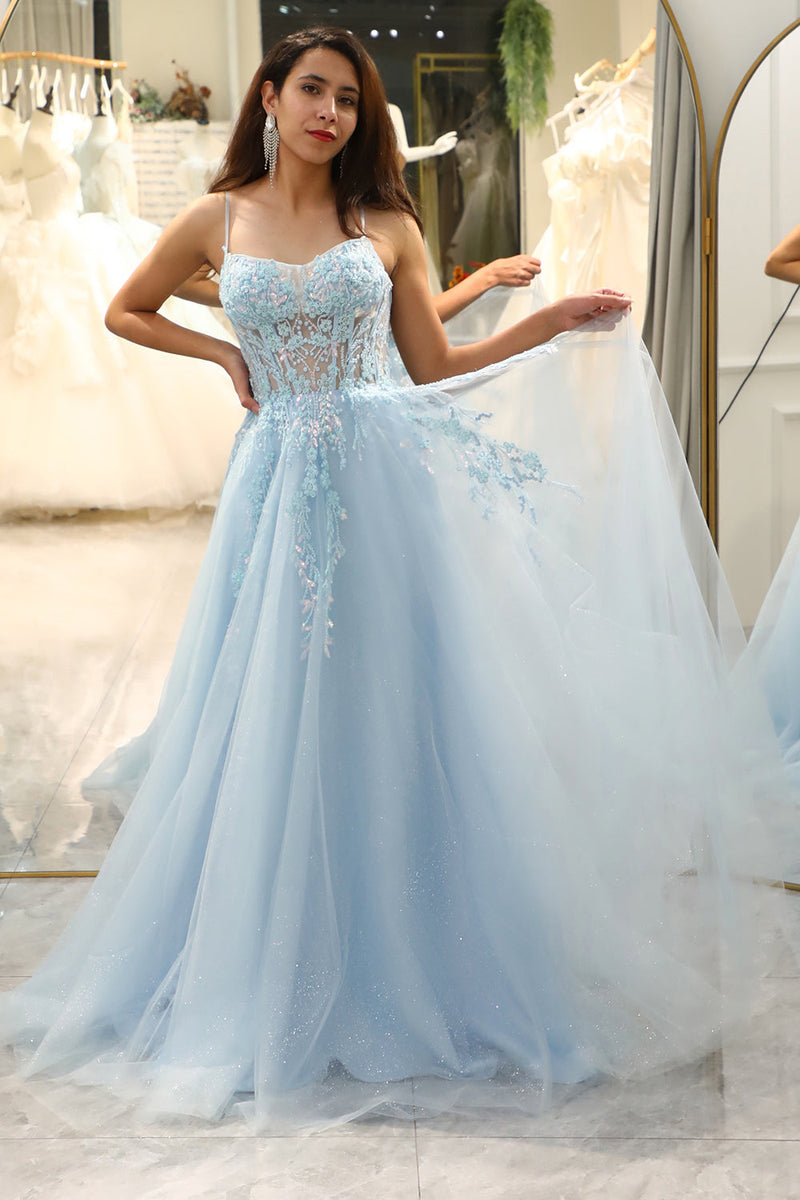 Load image into Gallery viewer, Light Blue A Line Long Corset Prom Dress With Appliques