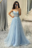 Load image into Gallery viewer, Light Blue A Line Tulle Long Corset Appliqued Prom Dress