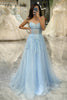 Load image into Gallery viewer, Light Blue A Line Tulle Long Corset Appliqued Prom Dress