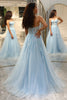 Load image into Gallery viewer, Light Blue A Line Tulle Long Corset Appliqued Prom Dress