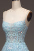 Load image into Gallery viewer, A Line Light Blue Sequin Spaghetti Straps Prom Dress With Appliques