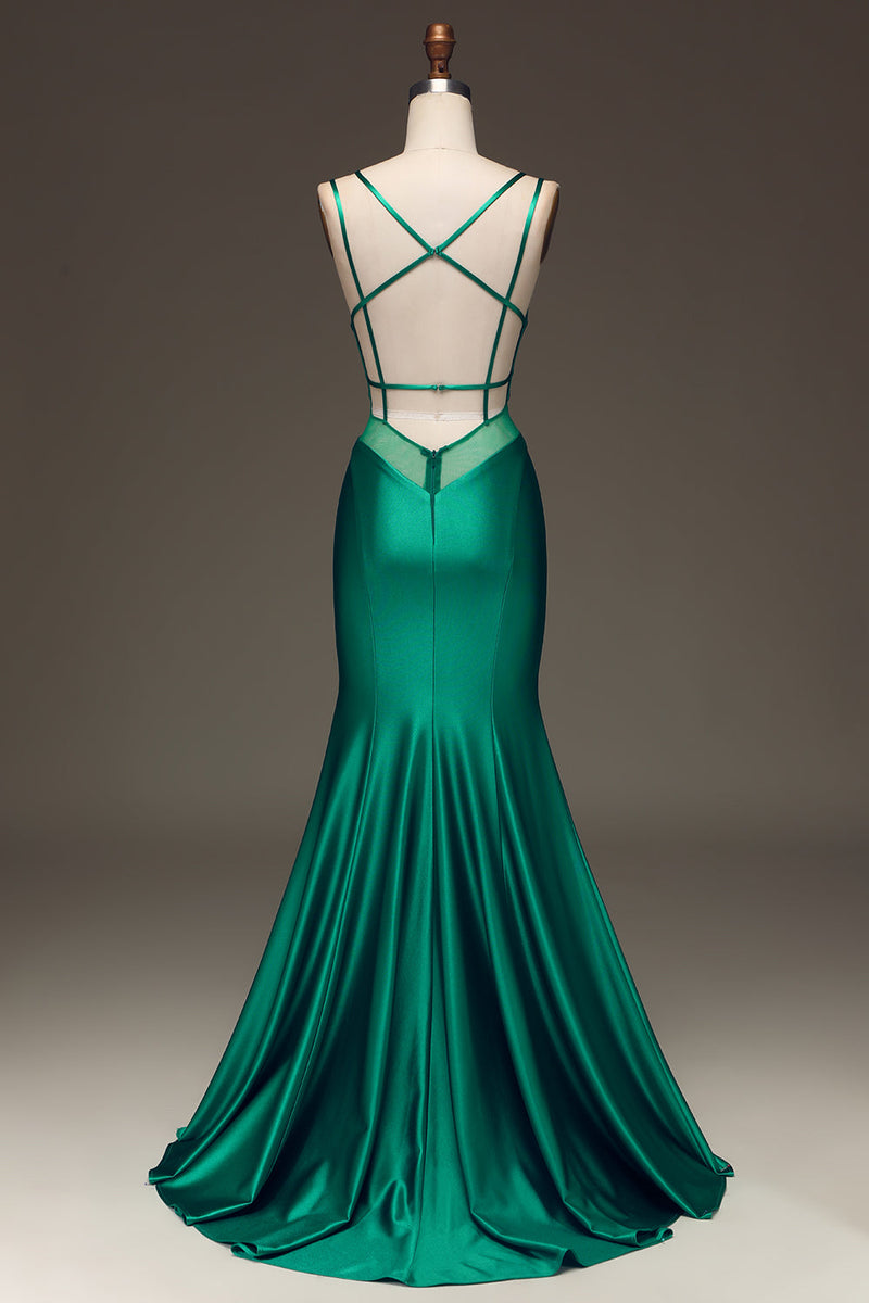 Load image into Gallery viewer, Green Deep V-neck Satin Mermaid Prom Dress with Lace-up Back