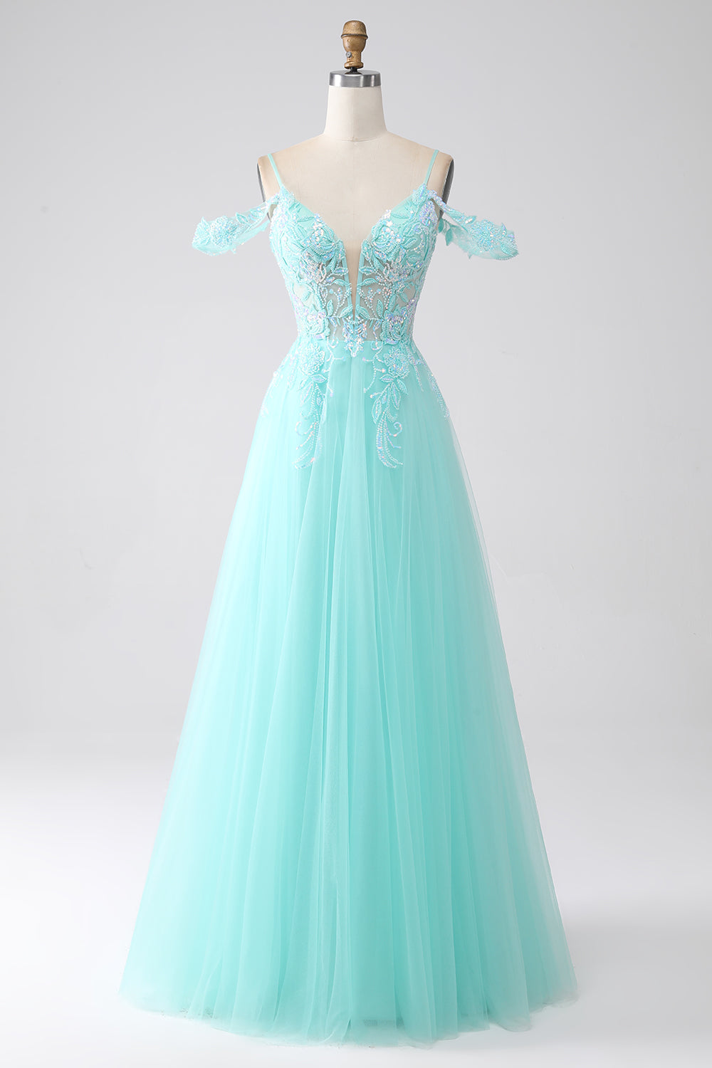 Light Green Cold Shoulder Sequins Prom Dress