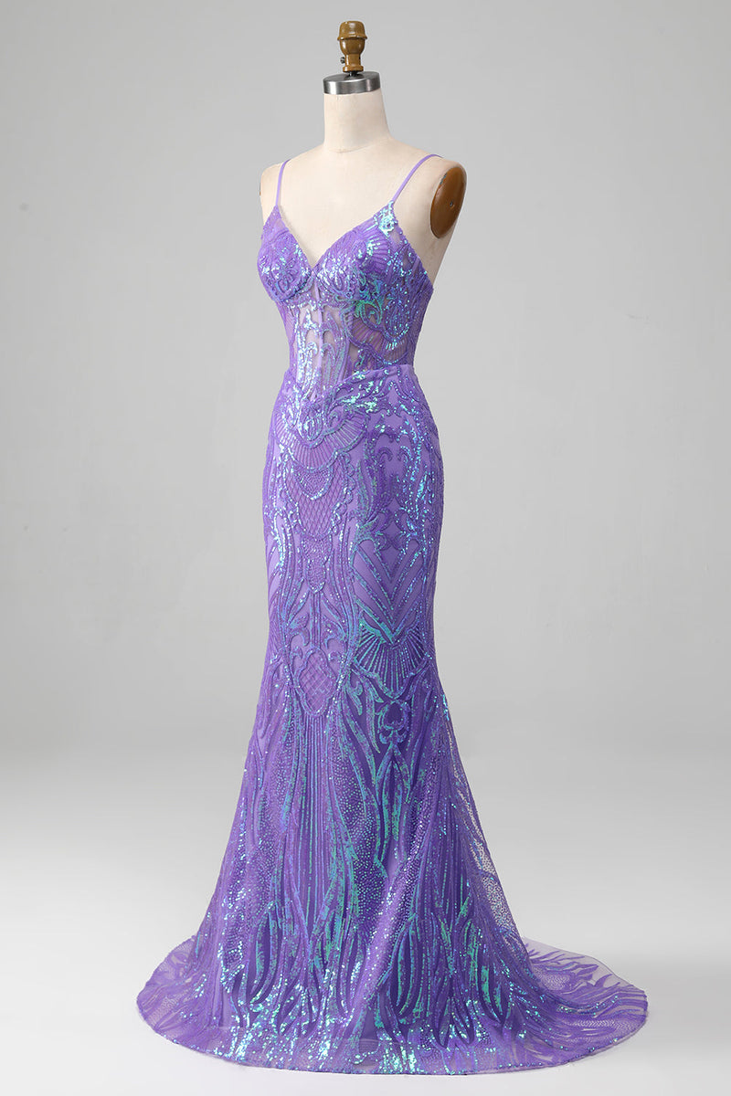 Load image into Gallery viewer, Mermaid Sparkly Purple Corset Prom Dress