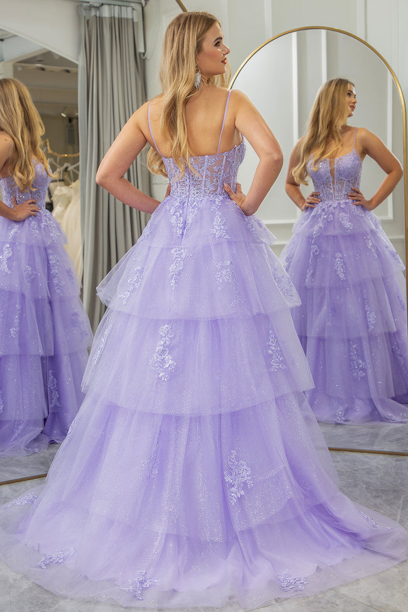 Load image into Gallery viewer, Lilac A Line Appliqued Tiered Long Corset Prom Dress With Slit