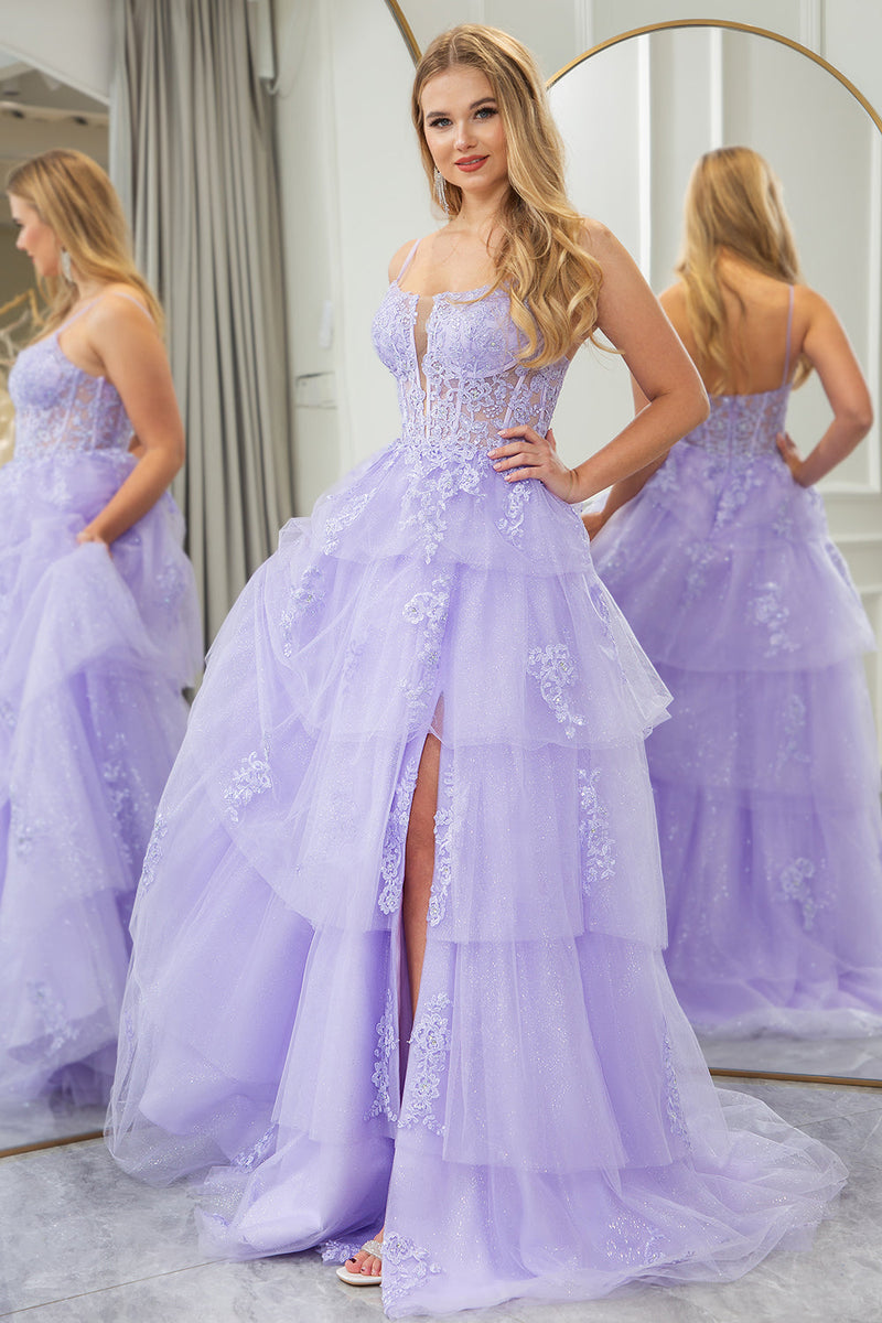 Load image into Gallery viewer, Lilac A Line Appliqued Tiered Long Corset Prom Dress With Slit