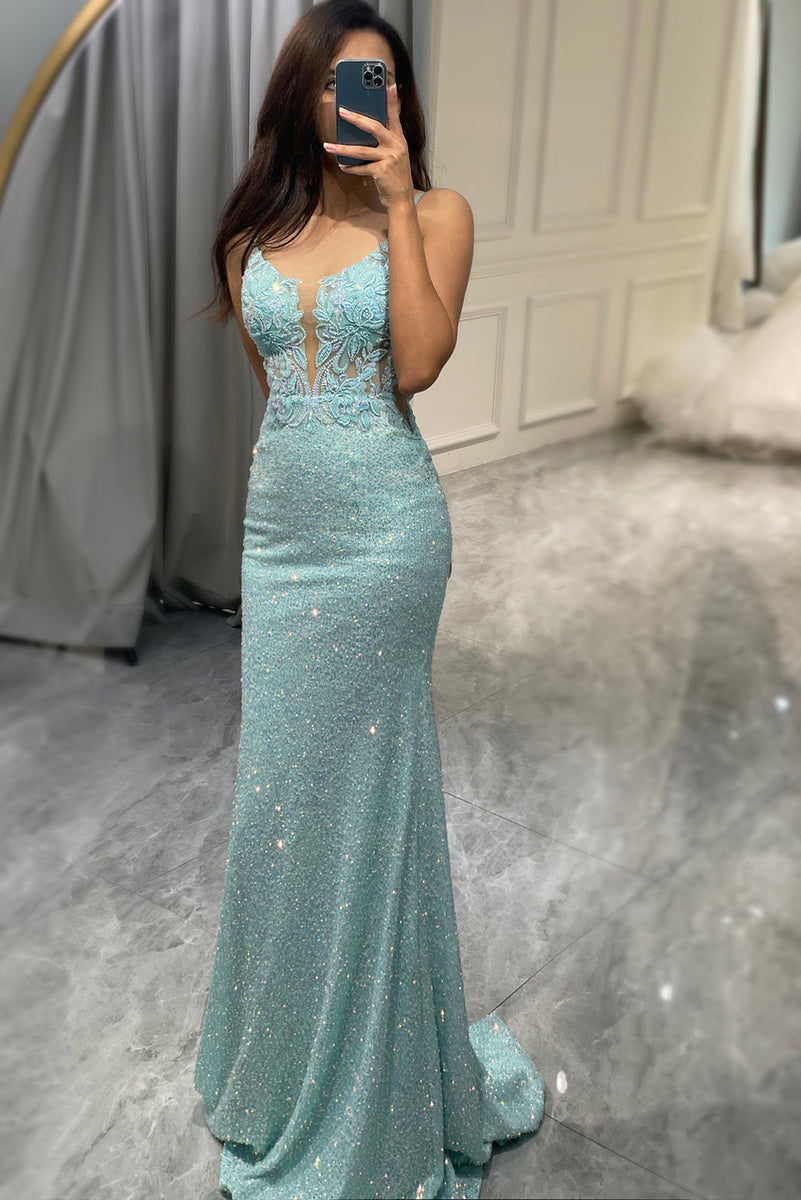 Load image into Gallery viewer, Sparkly Light Green Mermaid Long Appliqued Prom Dress