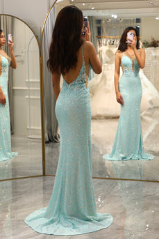 Sparkly Light Green Mermaid Long Appliqued Prom Dress