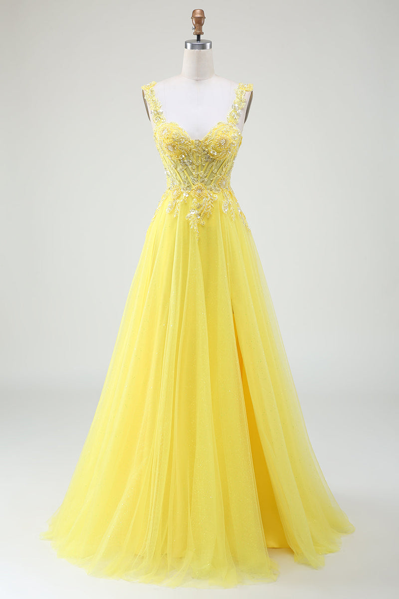 Load image into Gallery viewer, Tulle Beaded Yellow Corset Prom Dress with Slit