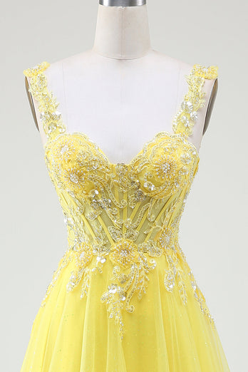 Tulle Beaded Yellow Corset Prom Dress with Slit