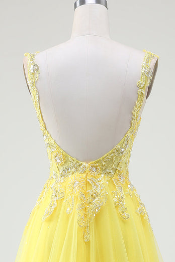 Tulle Beaded Yellow Corset Prom Dress with Slit