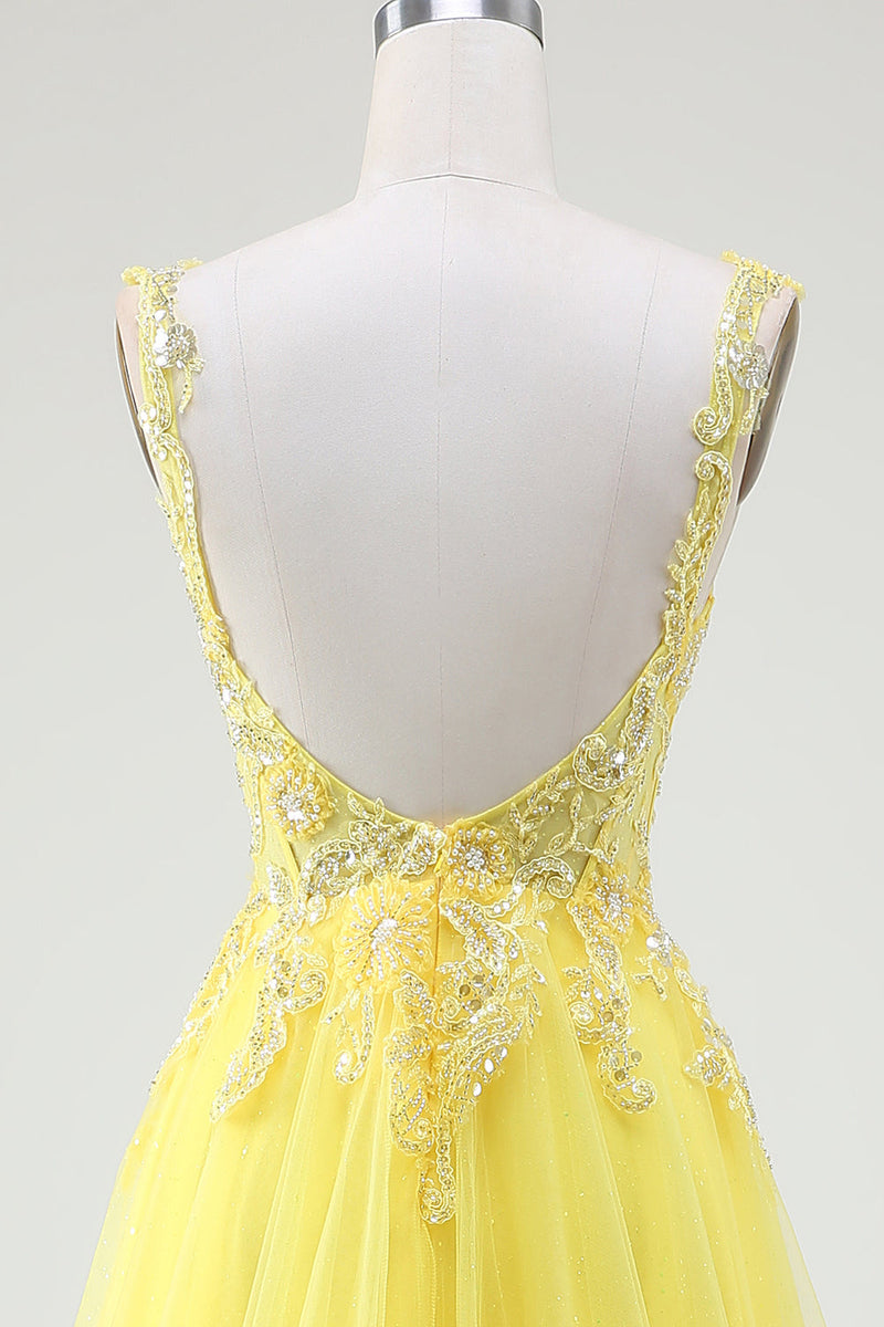 Load image into Gallery viewer, Tulle Beaded Yellow Corset Prom Dress with Slit