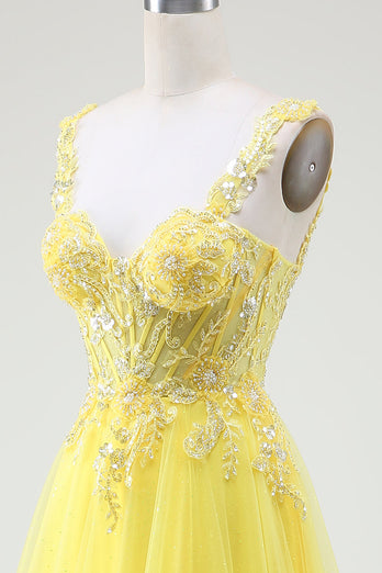 Tulle Beaded Yellow Corset Prom Dress with Slit