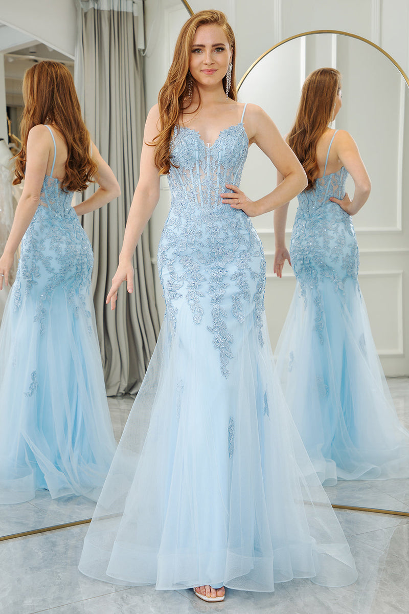 Load image into Gallery viewer, Light Blue Mermaid Backless Appliqued Long Corset Prom Dress With Slit