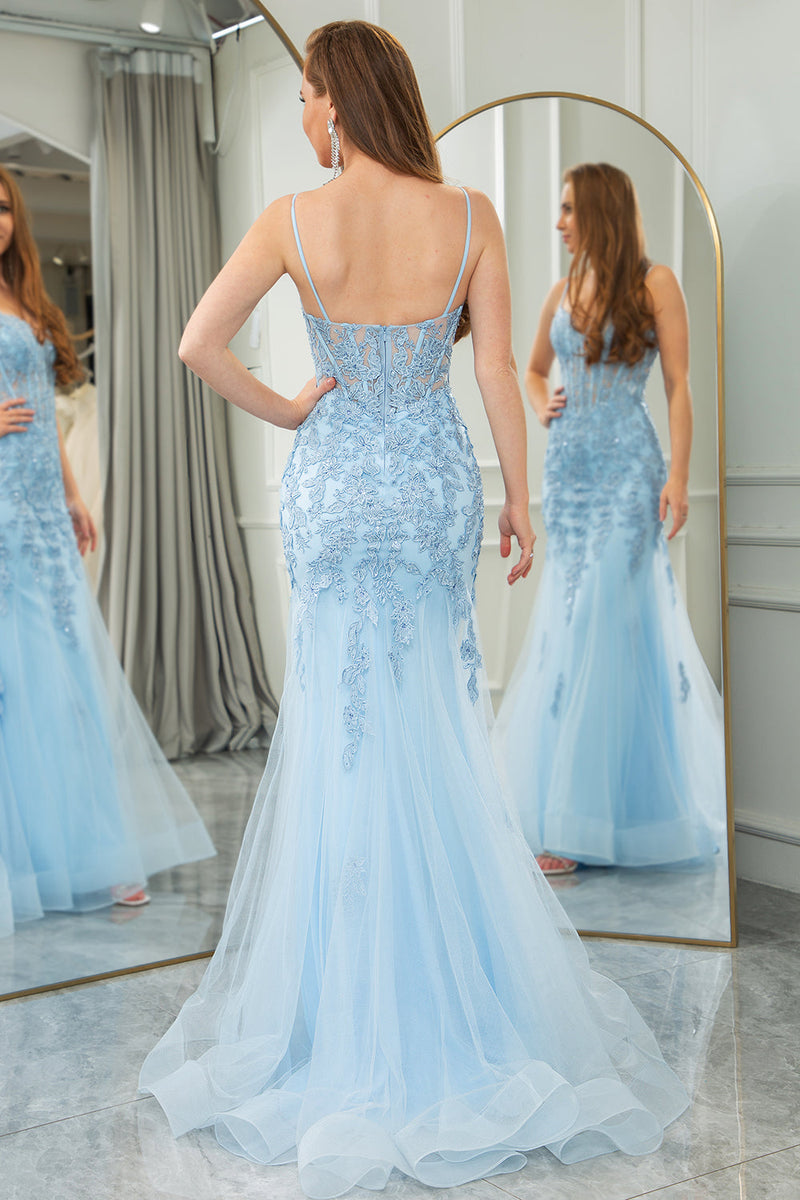 Load image into Gallery viewer, Light Blue Mermaid Backless Appliqued Long Corset Prom Dress With Slit