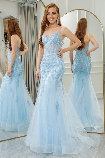 Light Blue Mermaid Backless Appliqued Long Corset Prom Dress With Slit