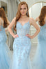 Load image into Gallery viewer, Light Blue Mermaid Backless Appliqued Long Corset Prom Dress With Slit