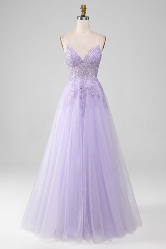 Sparkly Light Purple A-Line Spaghetti Straps Long Prom Dress With Beading