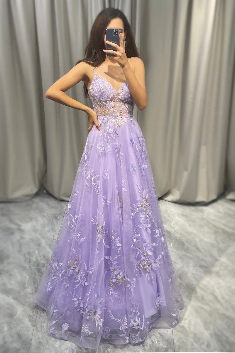 Load image into Gallery viewer, Elegant Purple A Line Tulle Long Prom Dress With Appliques