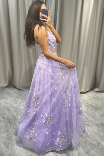 Elegant Purple A Line Tulle Long Prom Dress With Appliques