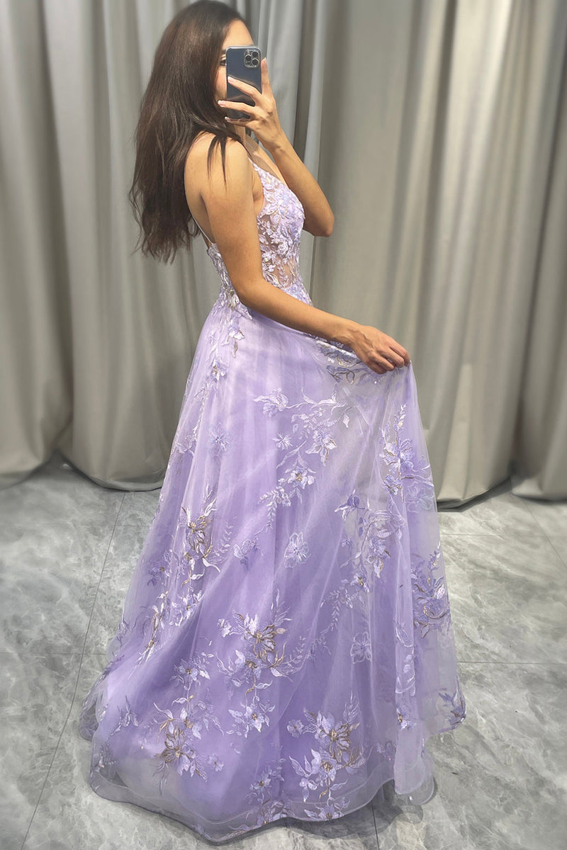 Load image into Gallery viewer, Elegant Purple A Line Tulle Long Prom Dress With Appliques