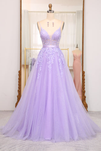 Lilac A-Line Spaghetti Straps Long Beaded and Tulle Prom Dress with Appliques