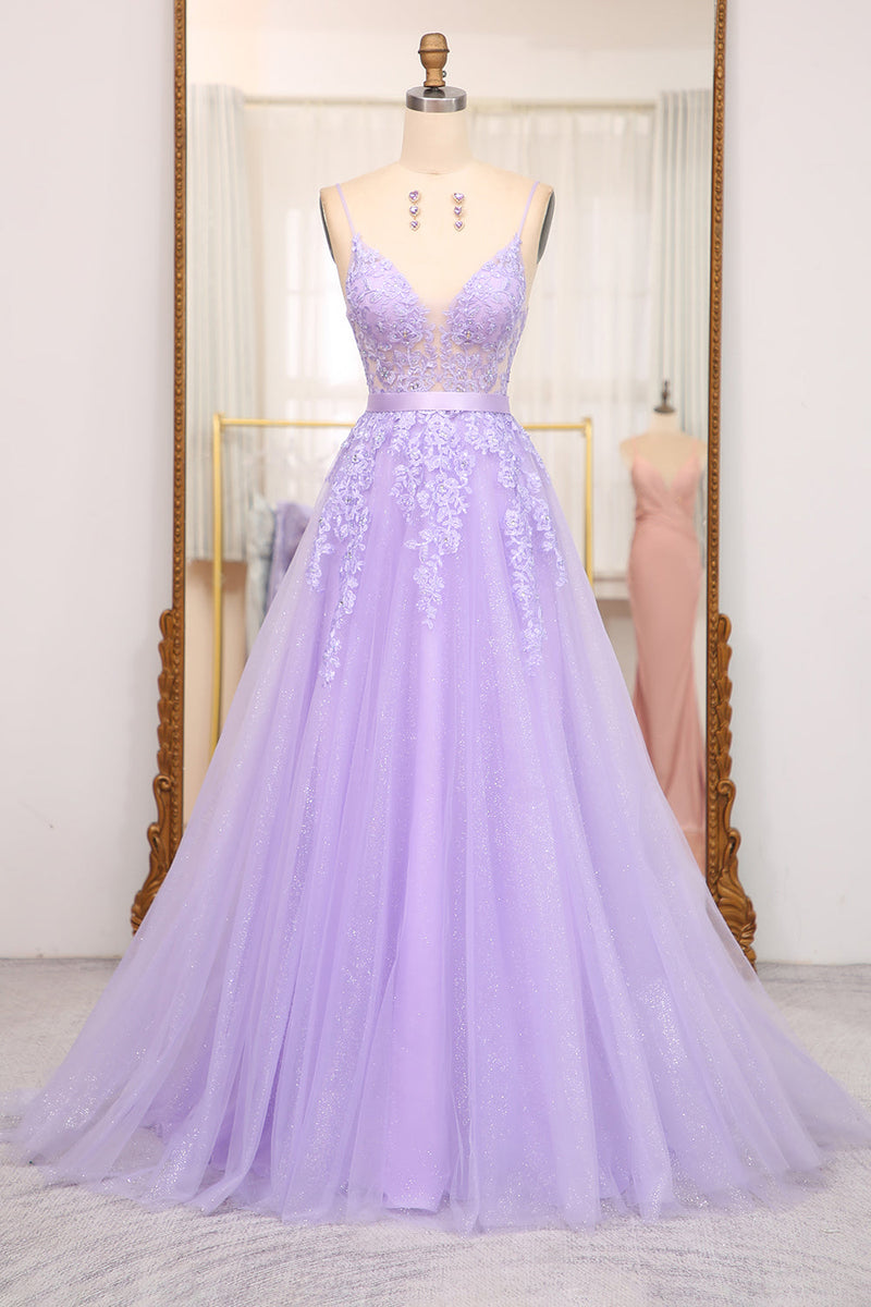 Load image into Gallery viewer, Lilac A-Line Spaghetti Straps Long Beaded and Tulle Prom Dress with Appliques