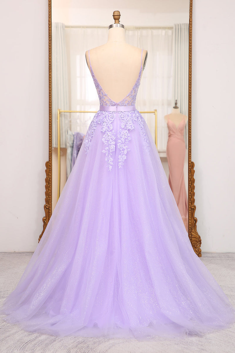 Load image into Gallery viewer, Lilac A-Line Spaghetti Straps Long Beaded and Tulle Prom Dress with Appliques