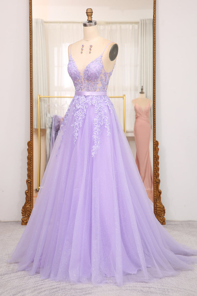 Load image into Gallery viewer, Lilac A-Line Spaghetti Straps Long Beaded and Tulle Prom Dress with Appliques