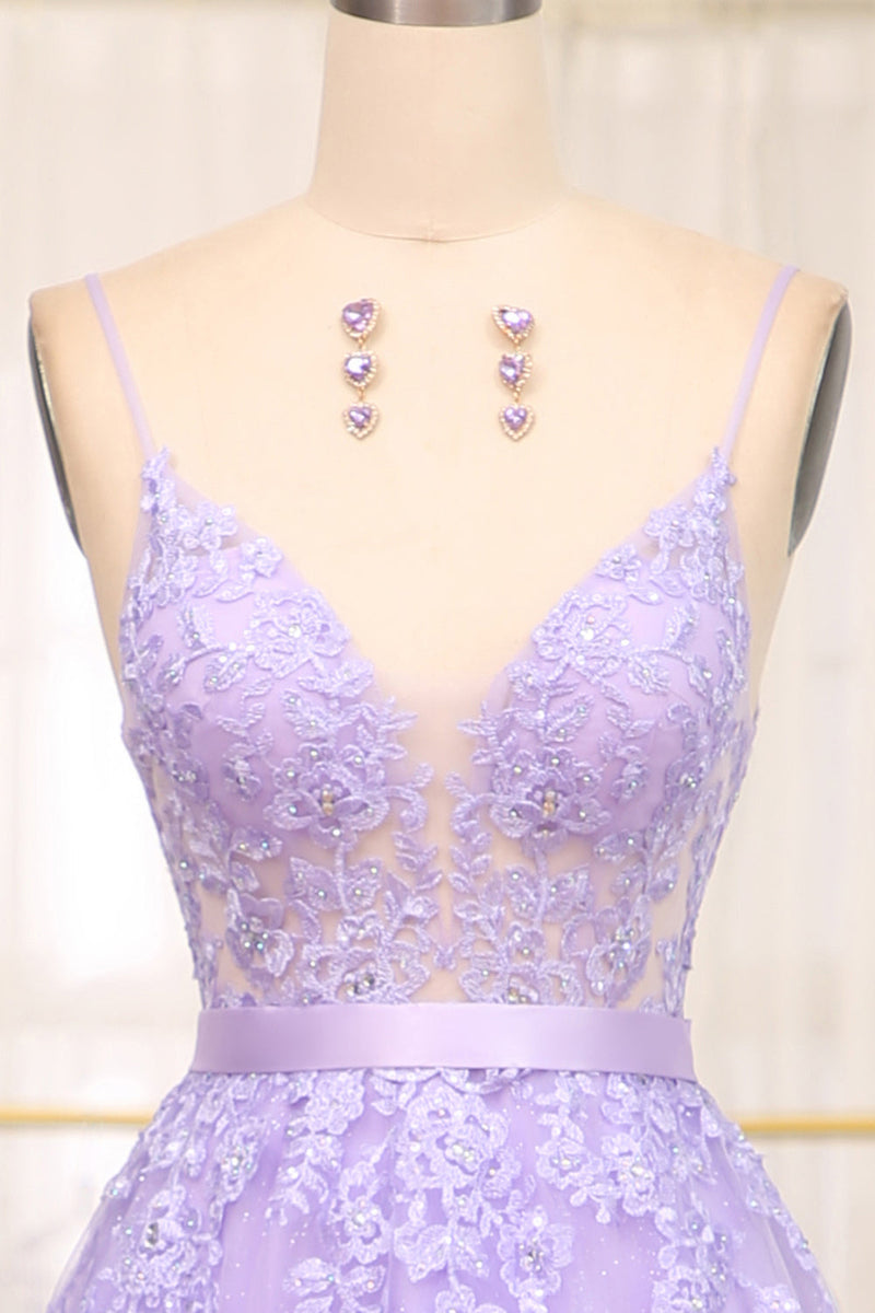 Load image into Gallery viewer, Lilac A-Line Spaghetti Straps Long Beaded and Tulle Prom Dress with Appliques