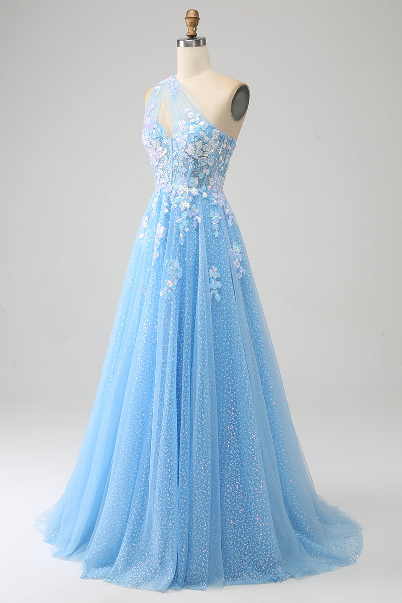 Load image into Gallery viewer, Stunning A Line One Shoulder Light Blue Long Tulle Prom Dress with Appliques