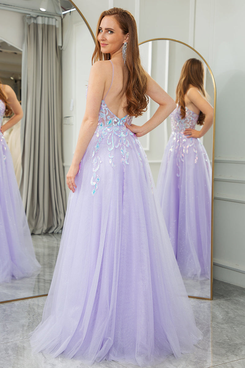 Load image into Gallery viewer, Lilac A Line Tulle Backless Long Prom Dress With Sequined Appliques