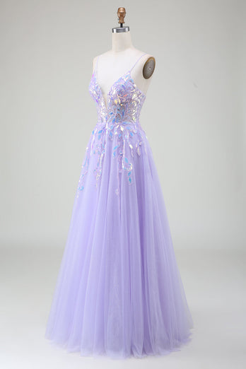 A-Line Purple Prom Dress with Sequins