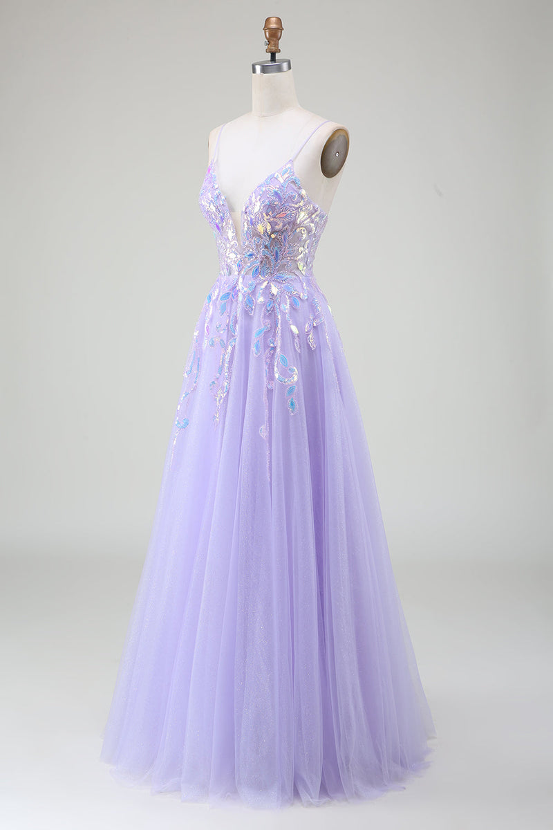 Load image into Gallery viewer, A-Line Purple Prom Dress with Sequins